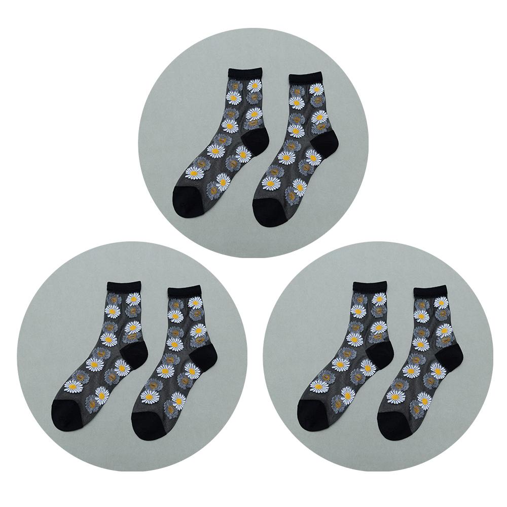 3 Pairs Of Women's Flower Socks Summer Crystal Glass Stockings Medium Short Tube Thin Transparent Daisy  Jacquard Elastic  Socks