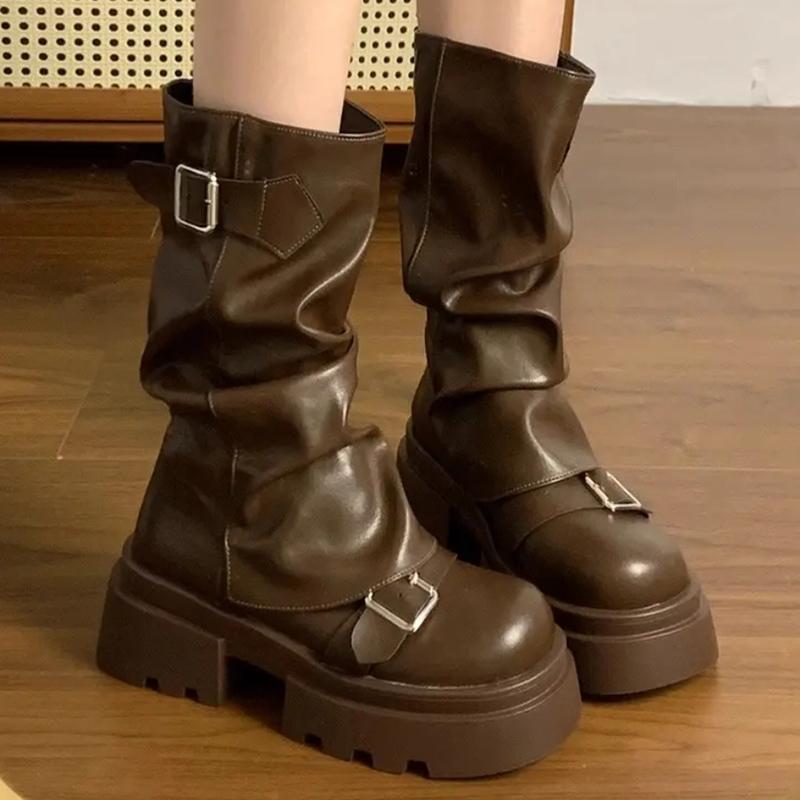 

Женские сапоги на платформе до середины голени, модные туфли на среднем каблуке с пряжкой, тренд 2025 года, кожаные туфли-лодочки на толстом каблуке в готическом стиле, зимние мотоциклетные ботинки Mujer 40 коричневый