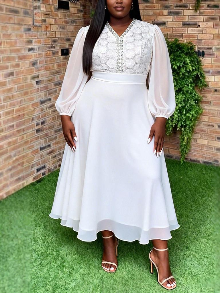 Weißes Spitzen-Chiffon-Kleid für Damen in Übergröße mit V-Ausschnitt, Fledermausärmeln & taillierter Taille für Hochzeiten oder Partys