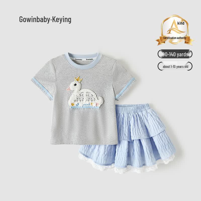 GOWINBABY Girls  Swan Embroidered Short Sleeve Cake Skirt Set 120