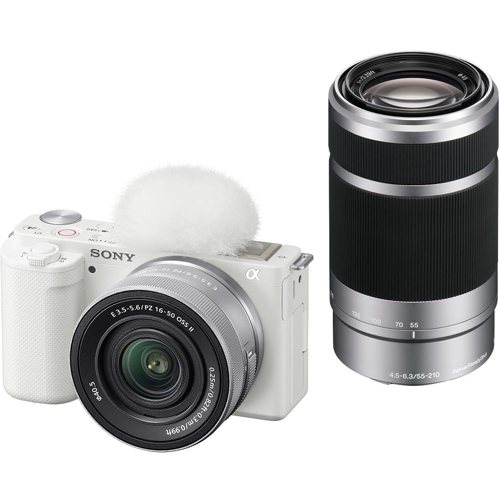SONY WQ Mirrorless Camera with Double Zoom Lens Kit SELP16502 and SEL55210 Interchangeable Lens ZV-E10 (Includes Lenses) White, APS-C,