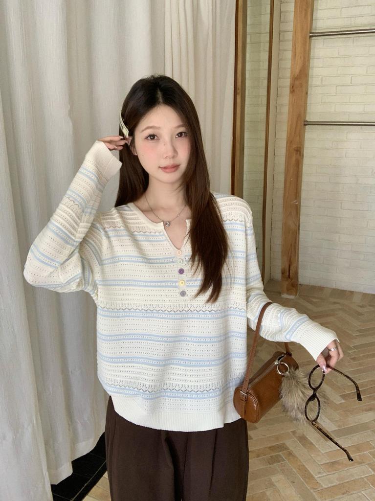 2026 Spring Plus Size Gentle Korean Stripe Knit Long Sleeve Slimming Top for Women