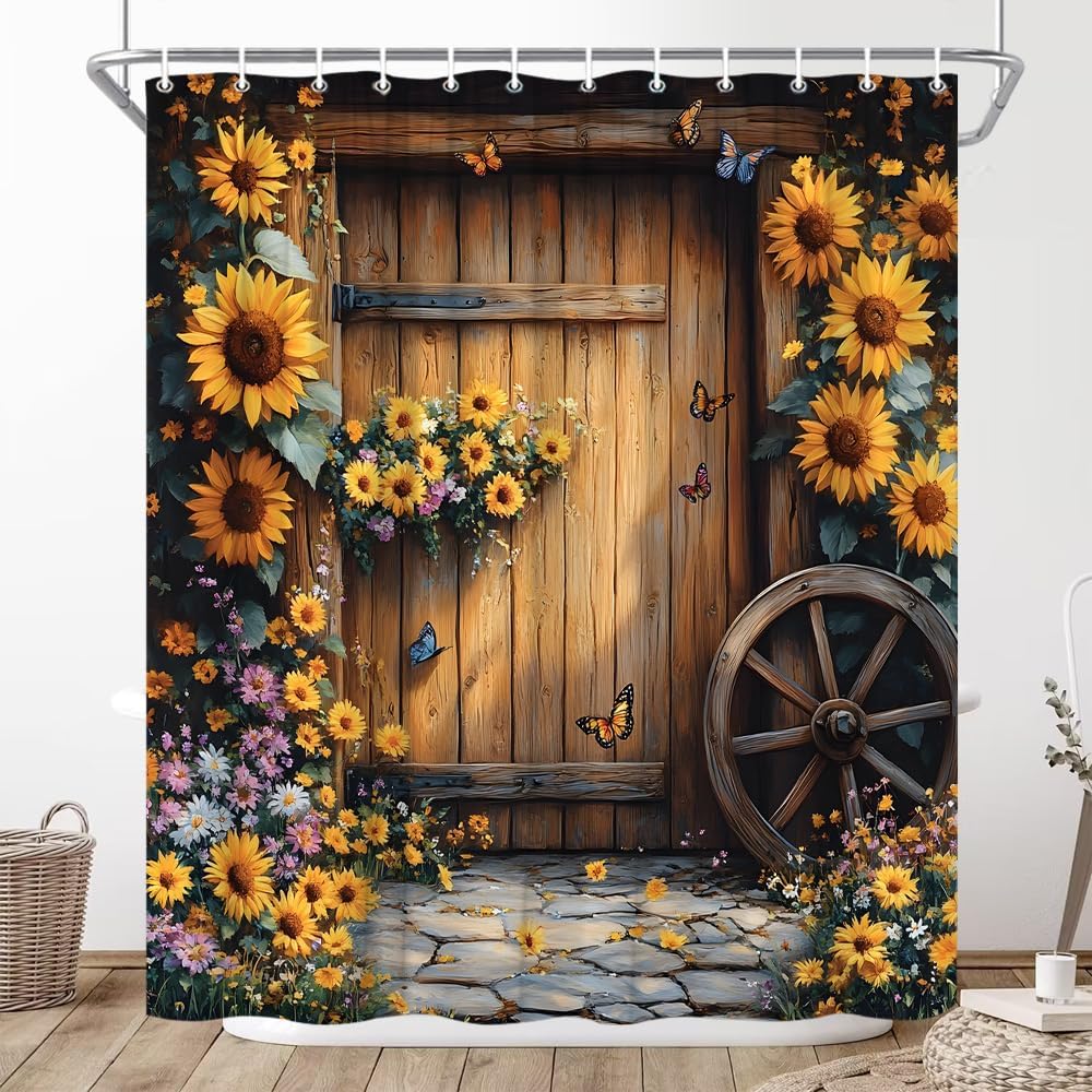Rustic Barn Door Shower Curtain Autumn Sunflower Floral Farmhouse Vintage Western Brown Wooden Board Yellow Flower Butterfly