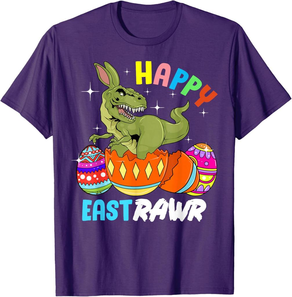 Happy Eastrawr Dinosaur Bunny Easter Egg Graphic Tee Cool Men's Casual Cotton T-Shirt
