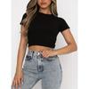 Women's Black Solid Color Round Neck Short Sleeve Slim Fit Crop Top