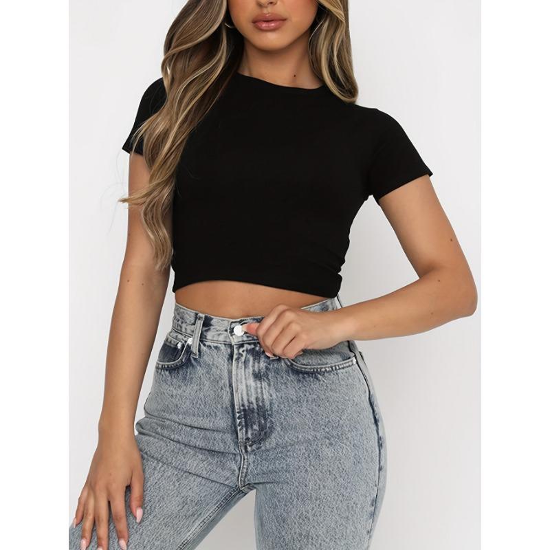 Women s Black Solid Color Round Neck Short Sleeve Slim Fit Crop Top S чёрный