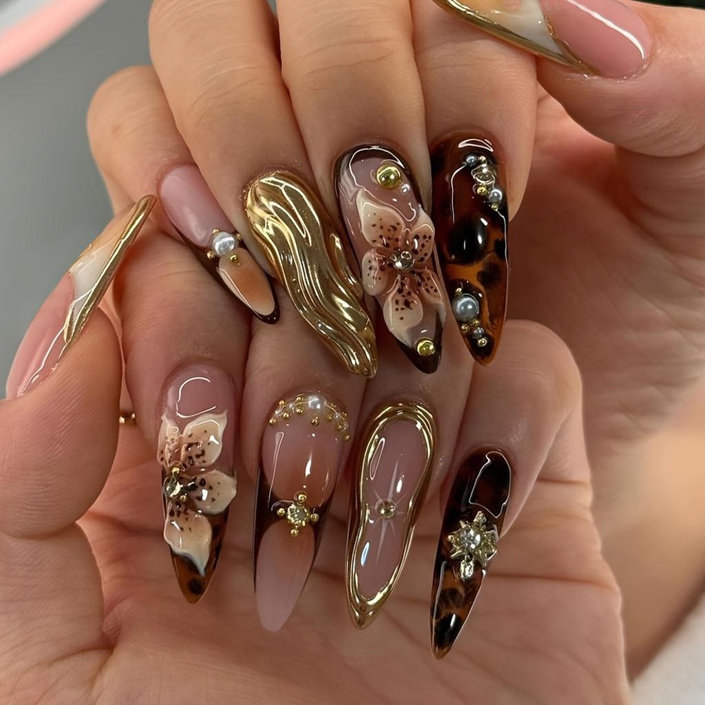 Press On Nails Gold Fake Nails Flower Glue On Nails with 3D Design Almond Stick On Nails Glossy Artificial Acrylic Full Cover False Nails for Women