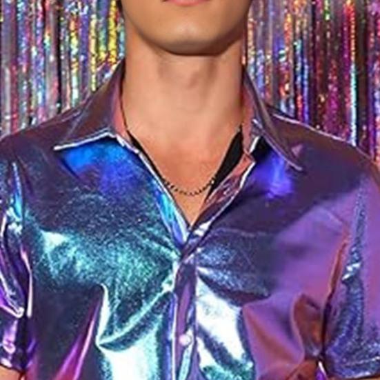 Pánská lesklá metalická košile s krátkým rukávem s klopou, zapínací na knoflíky, třpytivý disco outfit pro pódiové vystoupení, noční klub, taneční párty, bar