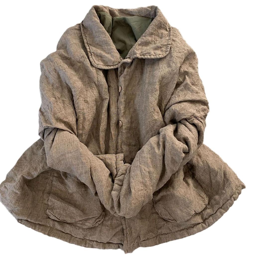 Johnature Women Chinese Style Turn-down Collar Long Sleeve Button Coats Winter Solid Color Vintage Coats