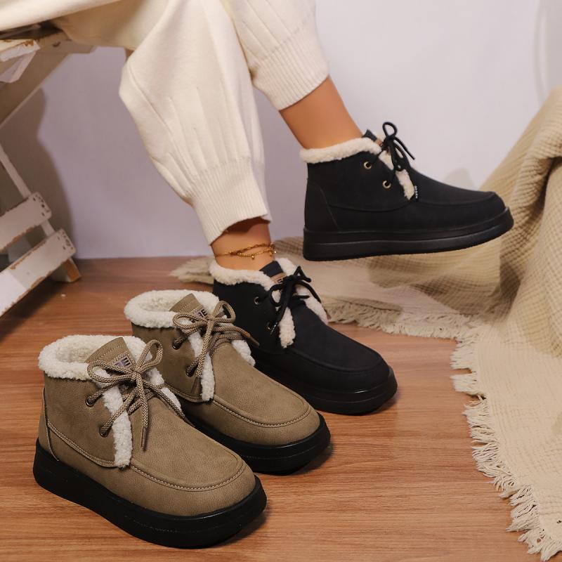 Casual Lace Up Furry Snow Boots Women 2025 Fashion Thick Bottom Fur Ankle Boots Winter Warm Short Plush Designer Shoes Woman