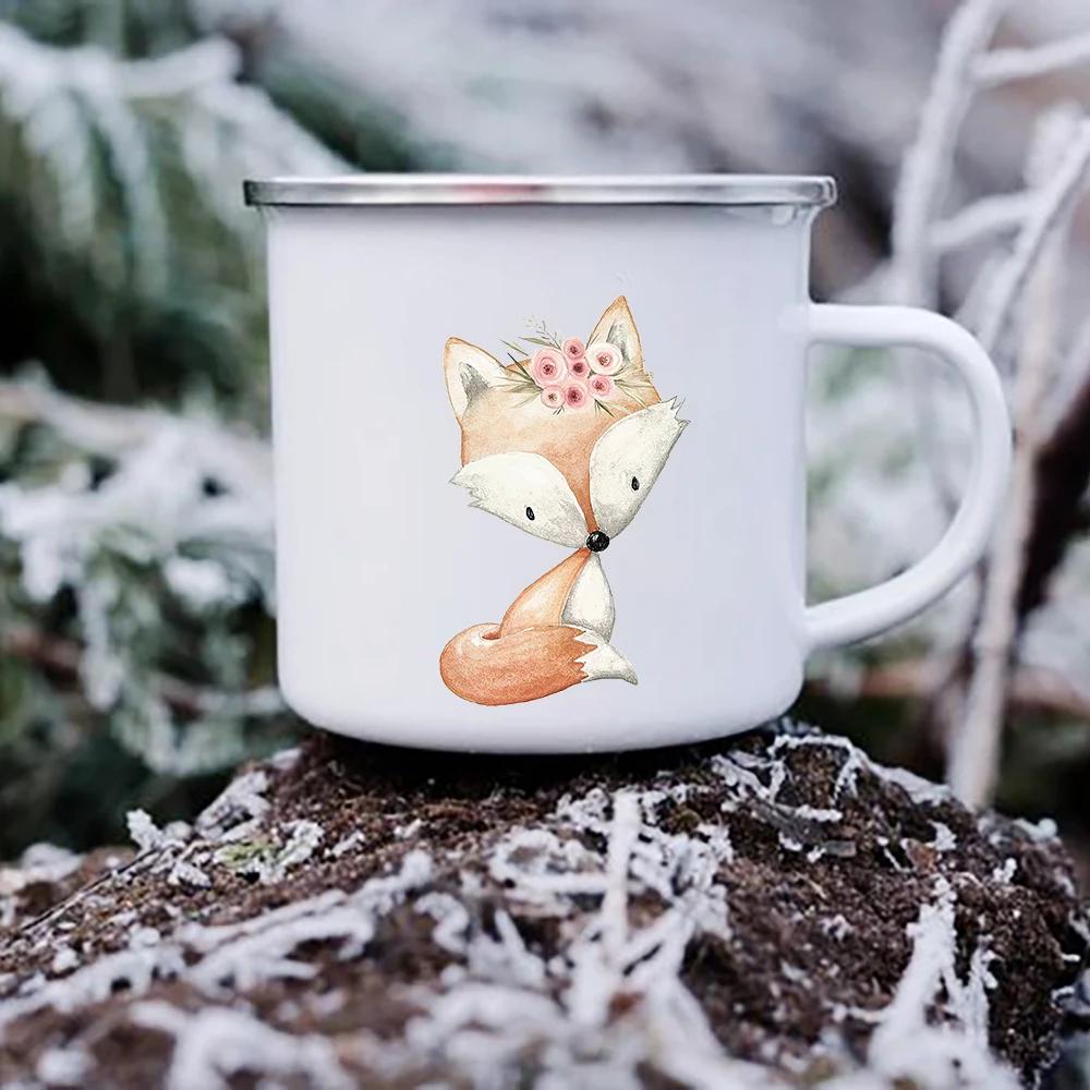 Cute Cartoon Animal Deer Raccoon Owl Print Mugs Creative Enamel Coffee Mugs Children Kids Breakfast Milk Dessert Cups Child Gift