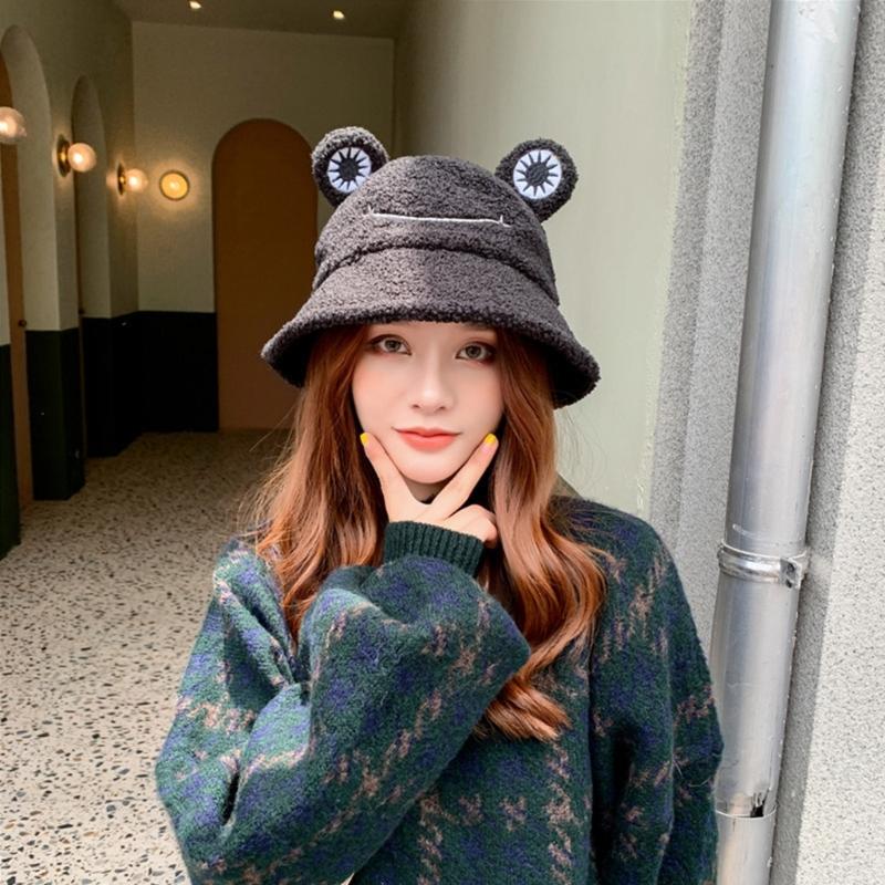 Winter Bucket Hat Polyester Plush Fisherman Caps for Women Men Keep Warm Cute Cartoon for Frog Style Trendy Accessories