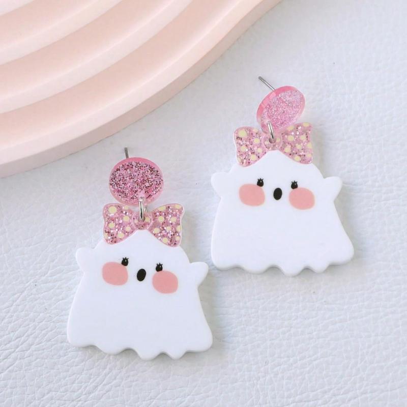 

1 Pair Acrylic Bling-Bling Halloween Earrings With Pink Bow & Ghost Designs, Cute & Fun Party/Holiday Gift Jewelry розовый