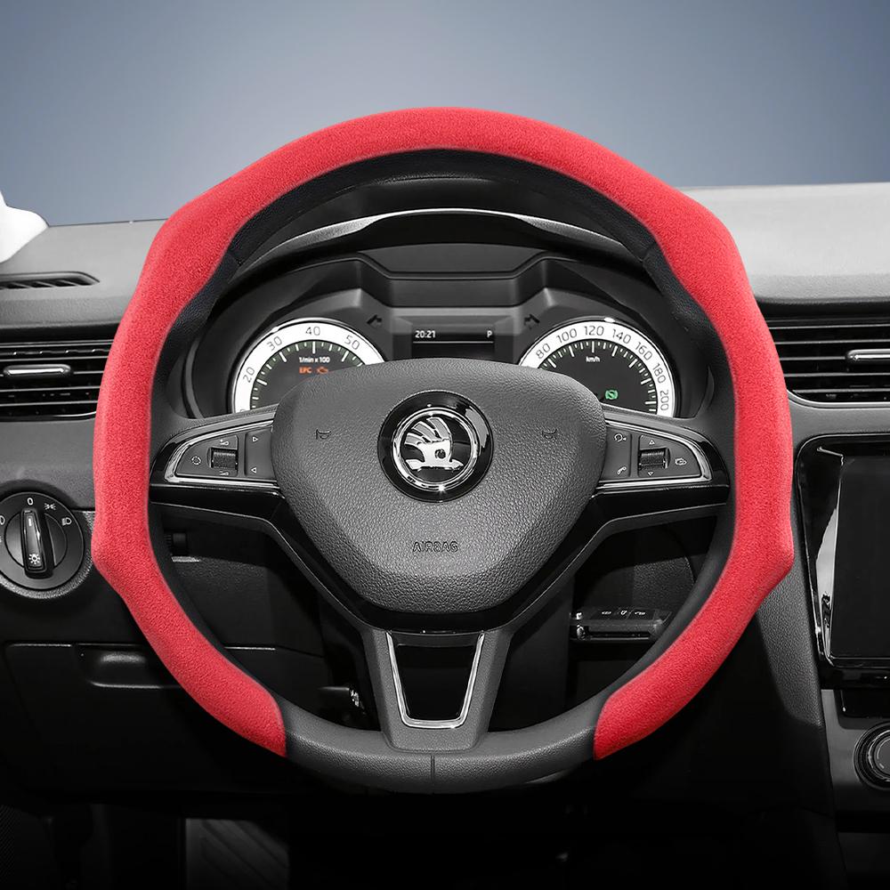 Suitable for Skoda Premium Suede Snap-On Steering Wheel Cover, Non-Slip and Durable, Round and D-Shaped Steering Wheel Available for Octavia 