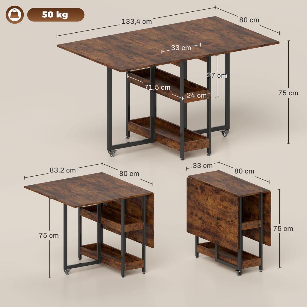 Tavolo da Pranzo Pieghevole in Design Industriale, per fino a 4 Persone, Ripiani a Vista, Flessibile, Metallo, Truciolare, Marrone