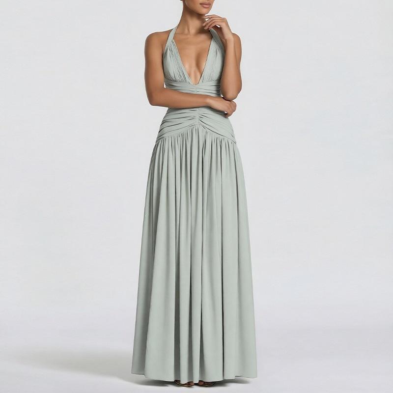 2026 European and American Summer New Dresses, Elegant Temperament Banquet Solid Color Split Deep V-neck Dress