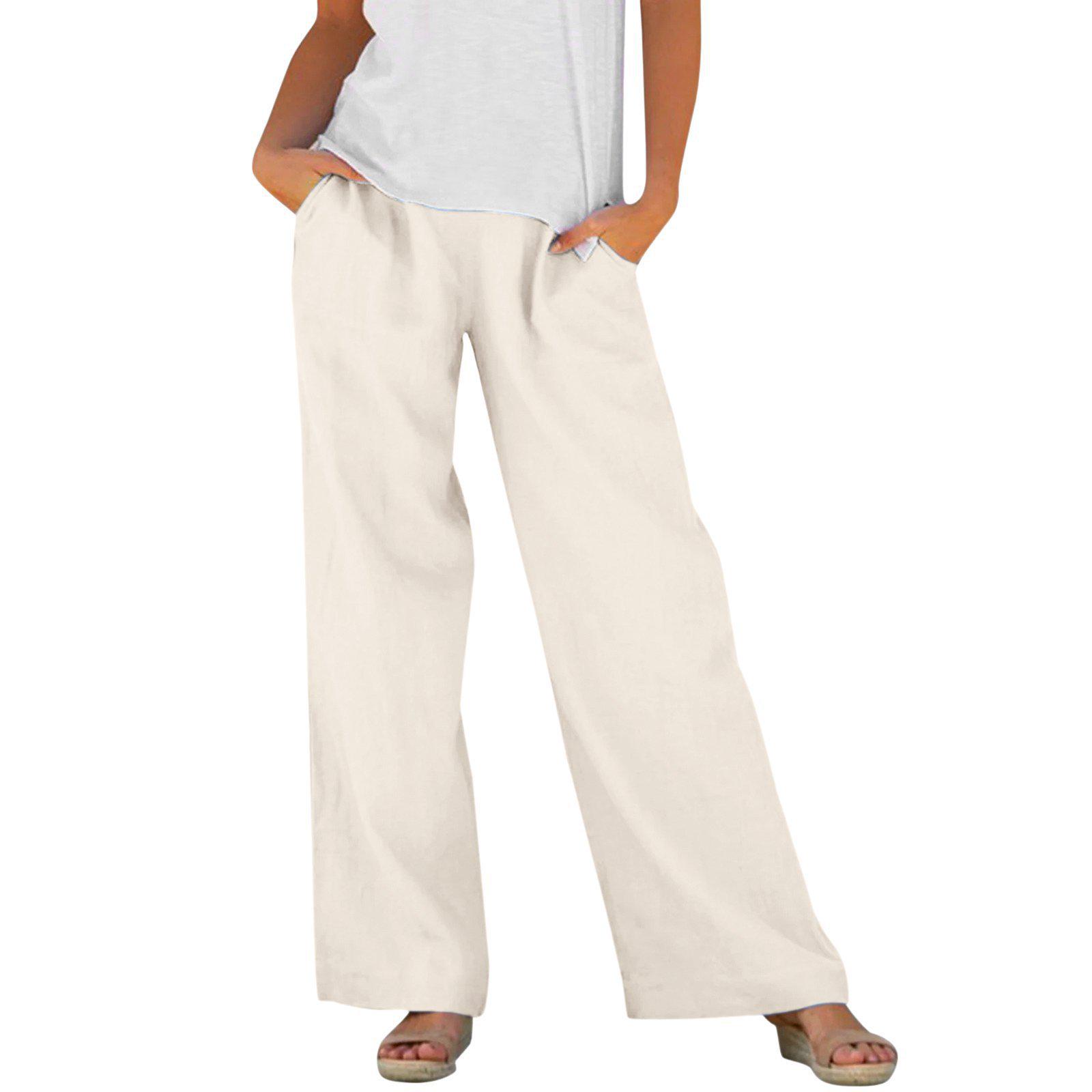 

Women s Cotton Linen Wide-Leg Elastic Waist Pants - Solid Color, Loose Fit, Spring/Autumn Collection. Large