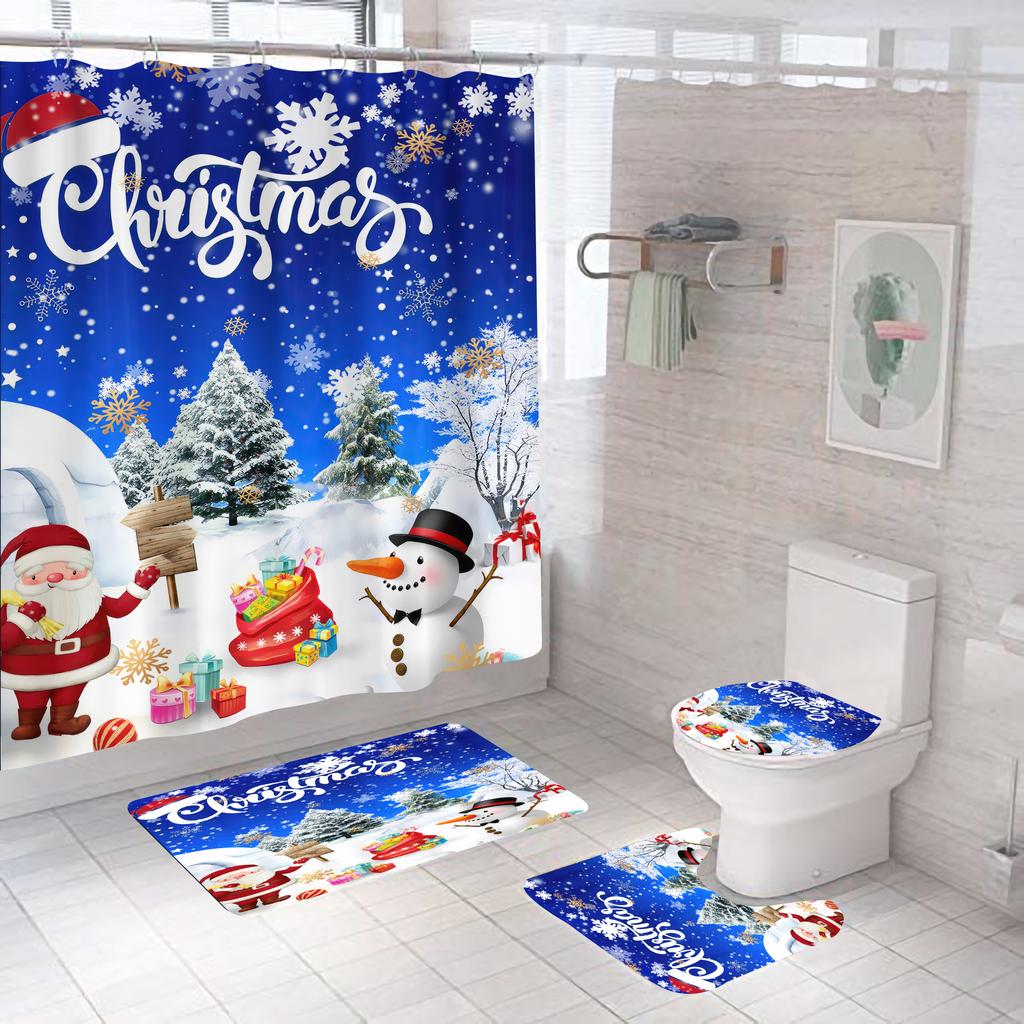 4pcs Merry Christmas Shower Curtain Polyester Shower Curtain Pedestal Rug Set Bathroom Decor Waterproof Curtain