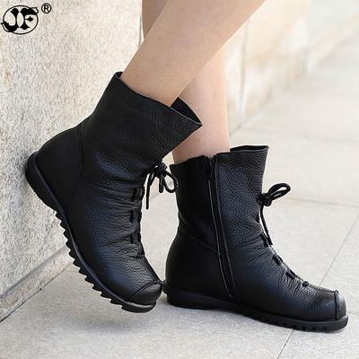 Fashion Women Ankle Boots Lace Up Vintage Genuine Leather Shoes Female Plus Size Platform Flat Winter Boot Warm Woman Footwear812