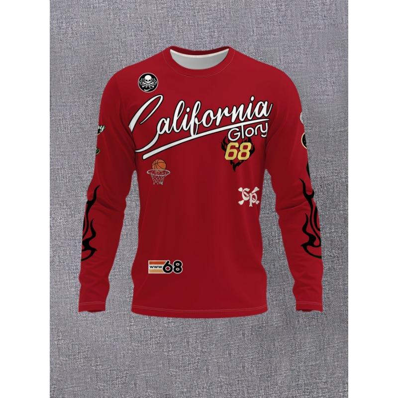 Men's Round Neck Long Sleeve T-Shirt California Glory Basketball Print Stylish Casual Top Street Style Flame Pattern Versatile Base Layer