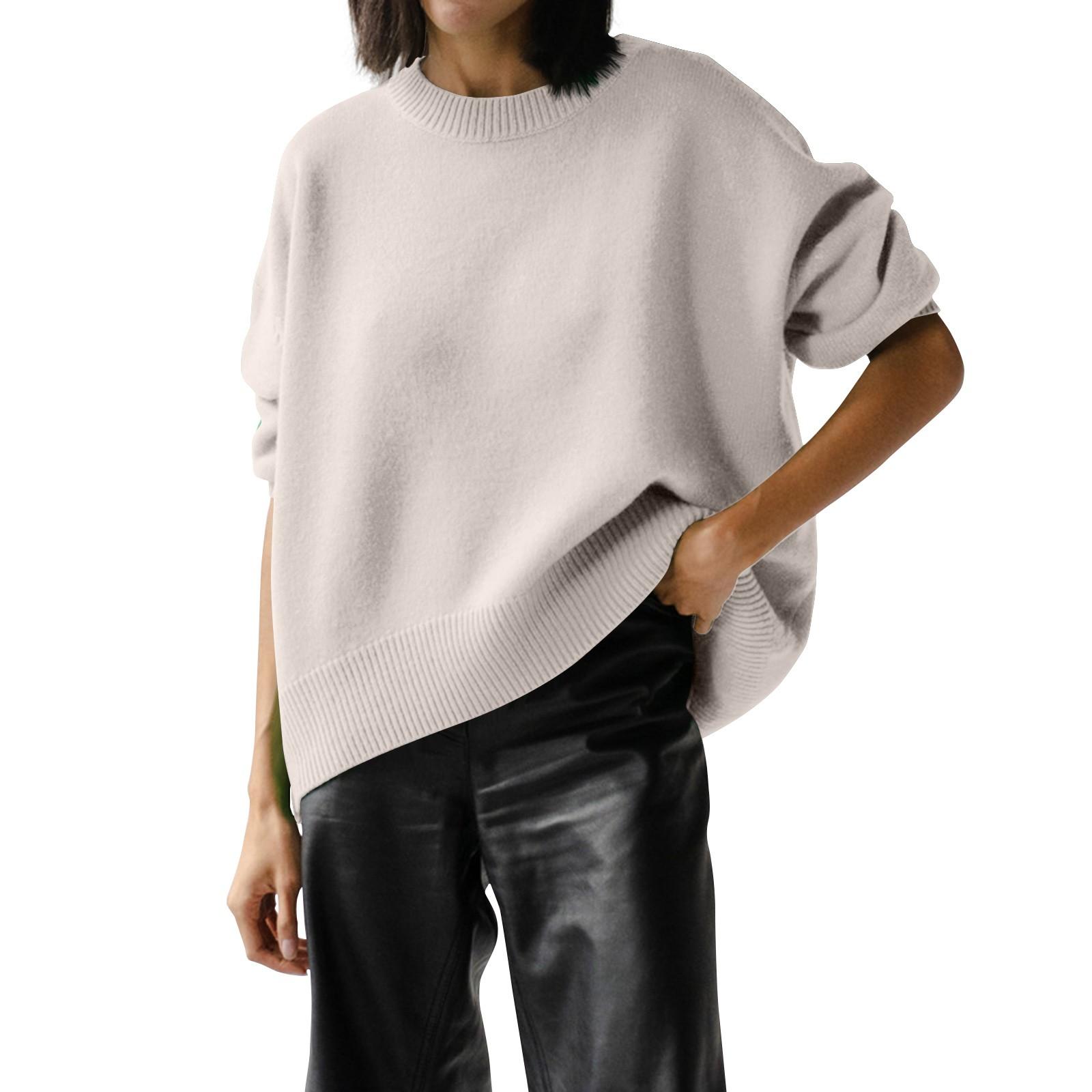 

Женский модный свободный свитер с круглым вырезом и длинным рукавом, однотонный повседневный свитер L бежевый