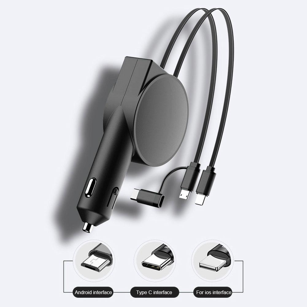 3 in 1 60W Car Lighter Adapters Charger Telescopic Cord 60W 3 in 1 Car Charger Adapter Dual Port for IPhone/Android/Type-C Phone