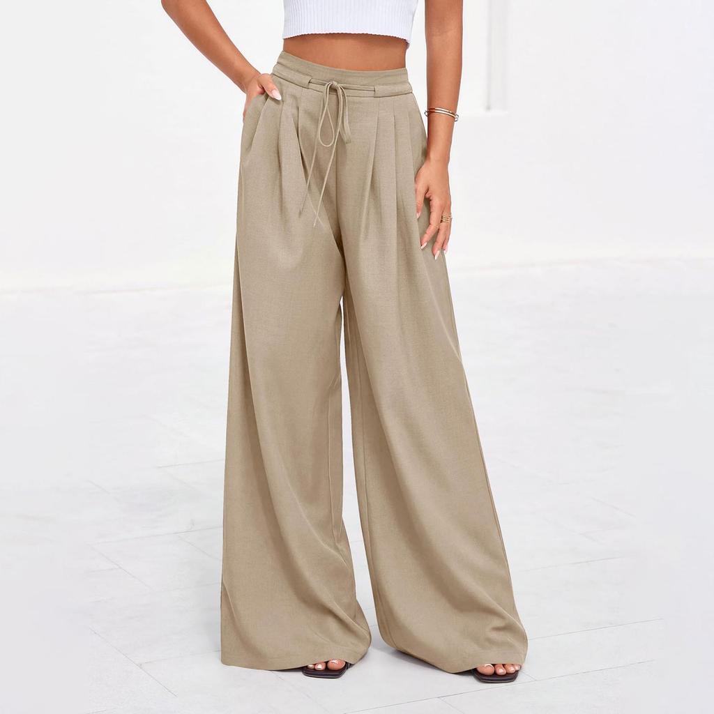 Women's Casual Pleated Wide Leg Pants with Pockets Elastic Waist Drawstring Loose Fit Trousers for Daily Wear