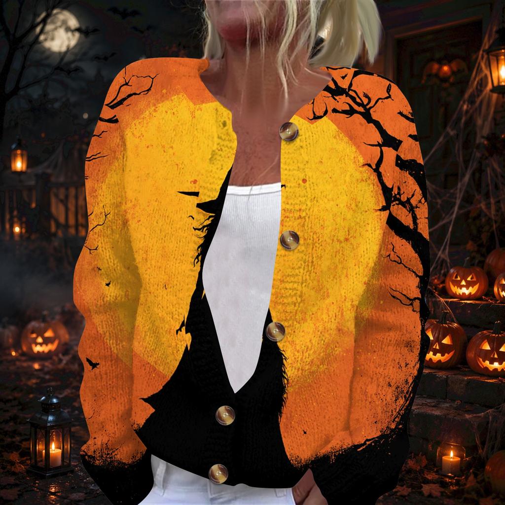 Women's Halloween Print Long Sleeve Knit Cardigan with Button Front