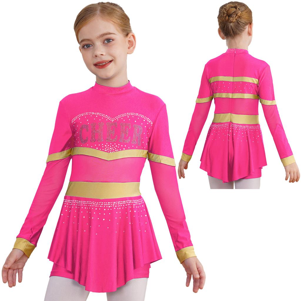 Girls One-Piece Cheerleading Costume: Long Sleeve Mesh Patchwork Shiny Diamonds Jumpsuit for Dance Gymnastic Performance