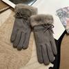One Size Fleece Lined Gloves Bow Decoration Winter Thick Warm Gloves Faux Fur Gloves  Driving