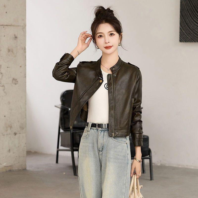 Short Leather Jacket for Women Spring and Autumn New Style Small Motorcycle Slim Stand Collar Leather Jacket