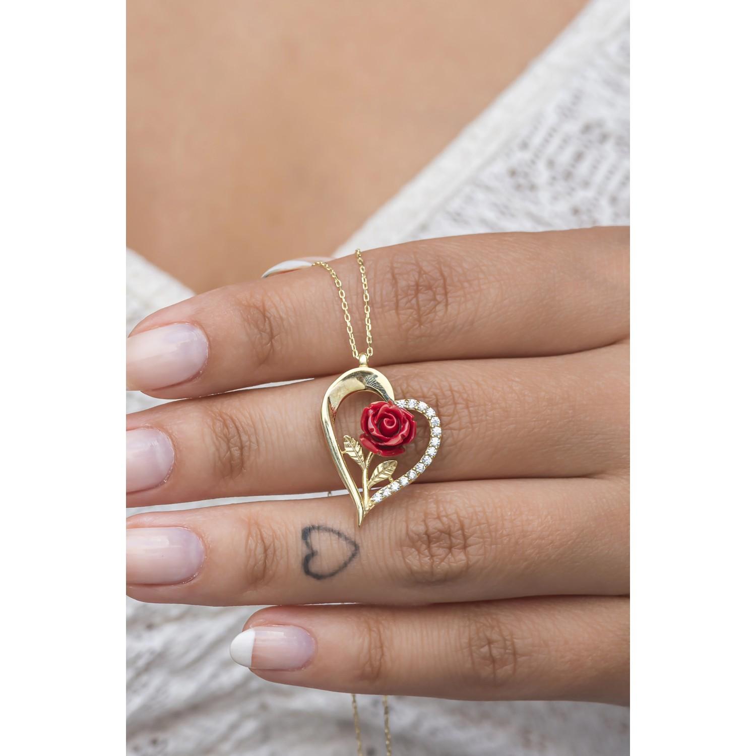 

Ожерелье Nereze из стерлингового серебра 925 пробы с золотым сердцем и красной розой