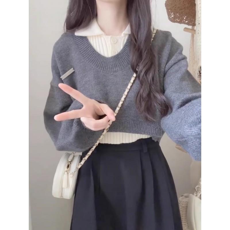 Womens Short Polo Neck Sweater 2 Piece Set Casual Knit Top Slim Waist Winter