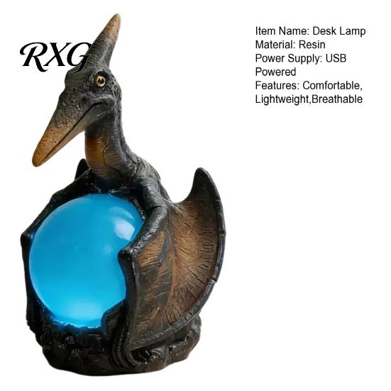 Hand-painted Dragon Lamp Pterosaur Night Light, Resin Gothic Table with Glowing Faux Crystal Bedroom Lighting Ball, Fantasy Desk Decor for Office,