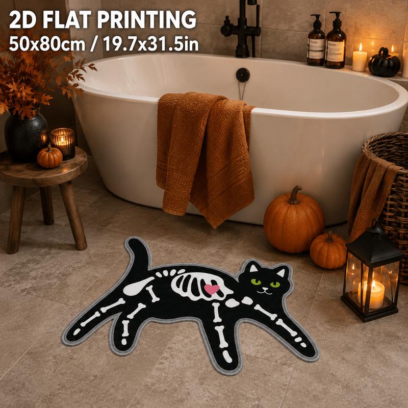 Halloween Shaped Rug Skeleton X‑Ray Black Cat Pink Heart Non‑Slip Absorbent Carpet For Bathroom Bedroom Decor