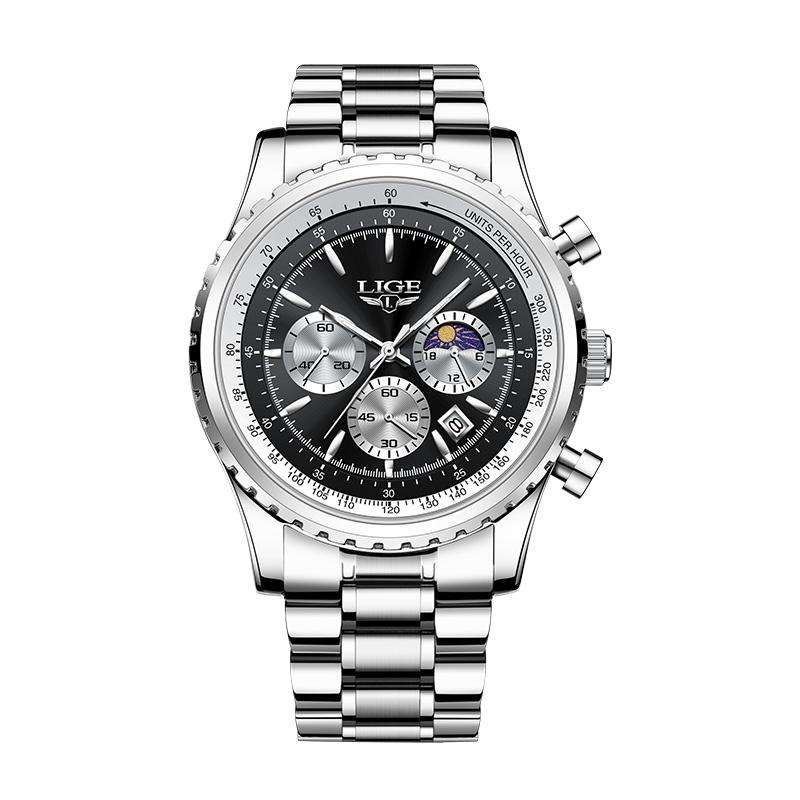 LIGE Business Men's Watch Chronograph Quartz Wristwatch Fashion Moon Phase Calendar Clock Waterproof Luminous Male Watch