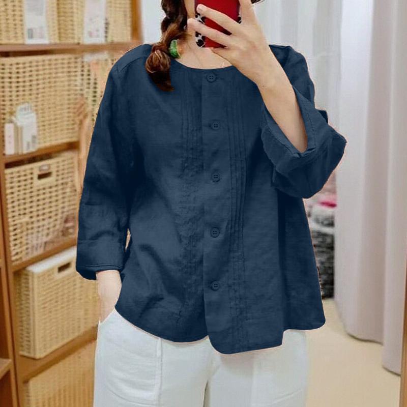 ZANZEA Bluzka damska z okrągłym dekoltem i długim rękawem w jednolitym kolorze