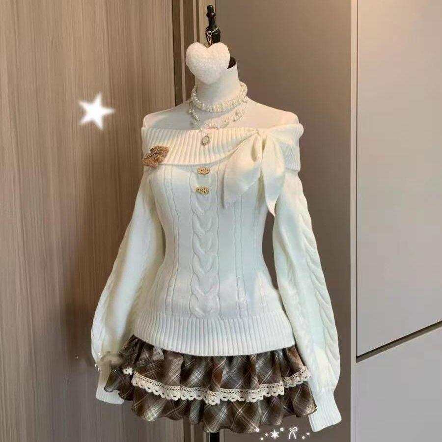 Suéter de Punto con Lazo Estilo Coreano Y2K para Mujer Dulce Japonés Delgado Suéter para Dama de Oficina Otoño Invierno Suéter Liso