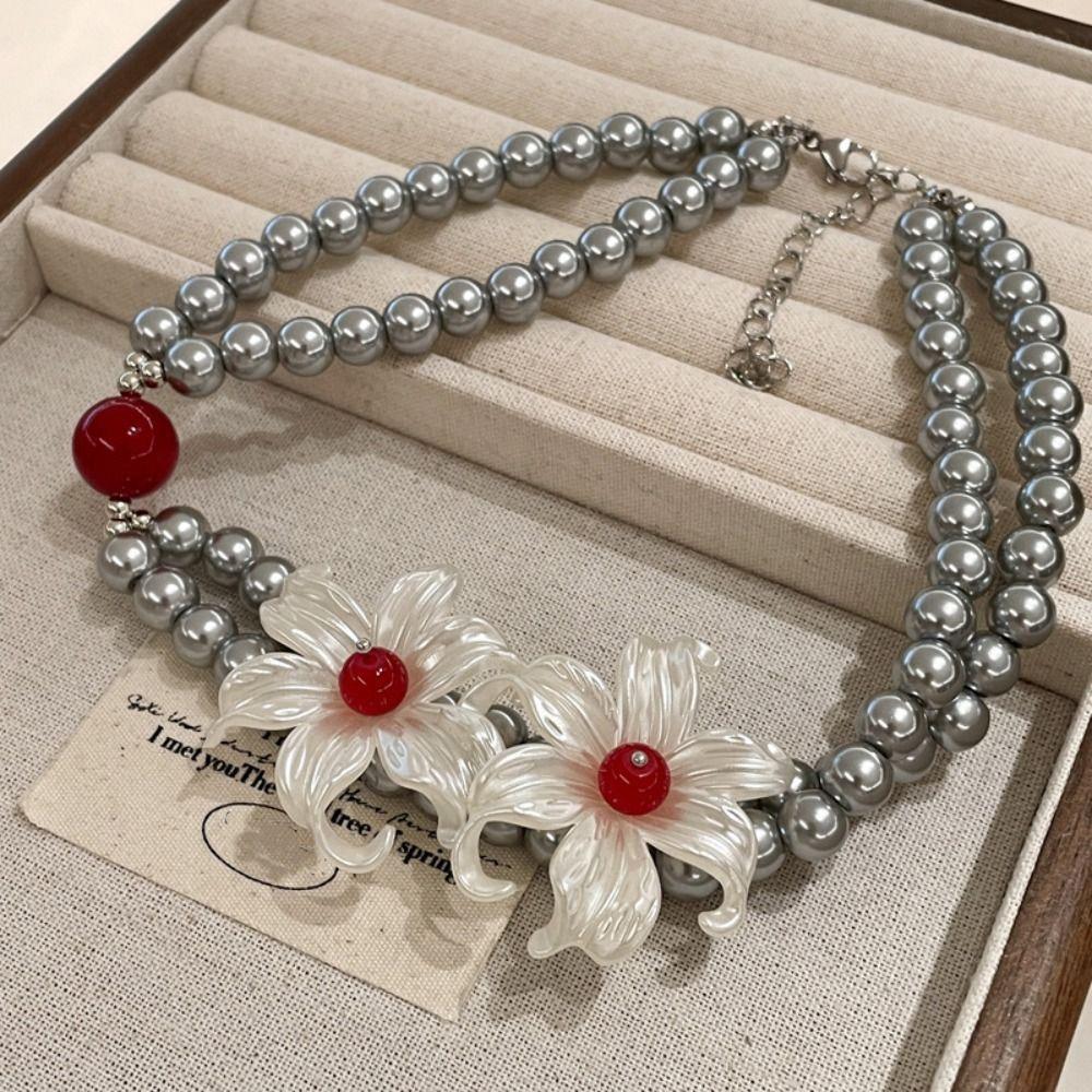 Vintage Pearl Beaded Necklace Clavicle Chain Sweet Choker Stylish Iris Flower Necklace  Beach