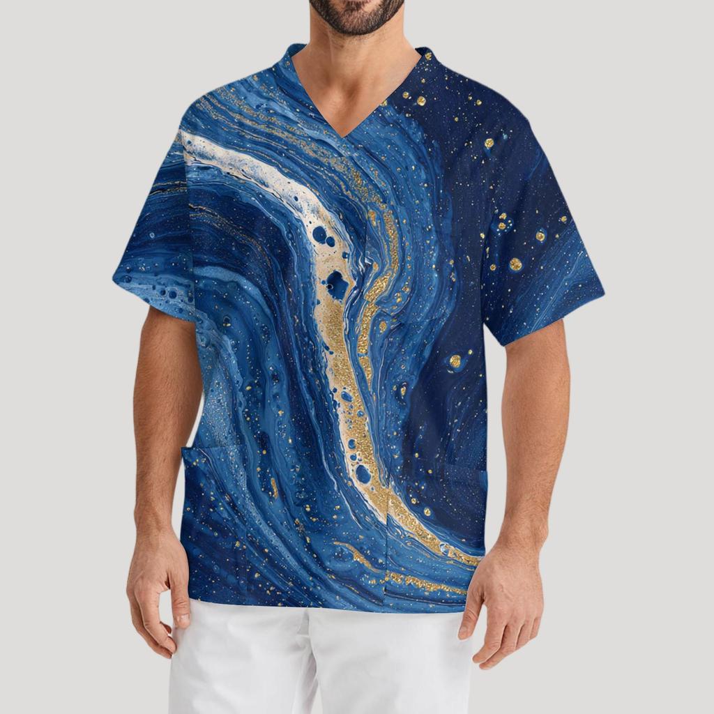 Bedrucktes kurzärmliges Herren-Arbeitsbluse mit V-Ausschnitt und Brusttasche für Pfleger