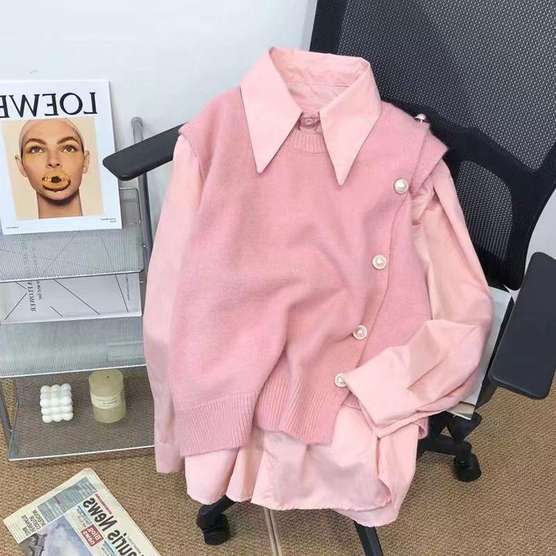 Spring and Autumn Women's Candy Color Knit Vest Shirt Two Pieces Button Polo Neck Long Sleeve Autumn Winter Ladies Shirts