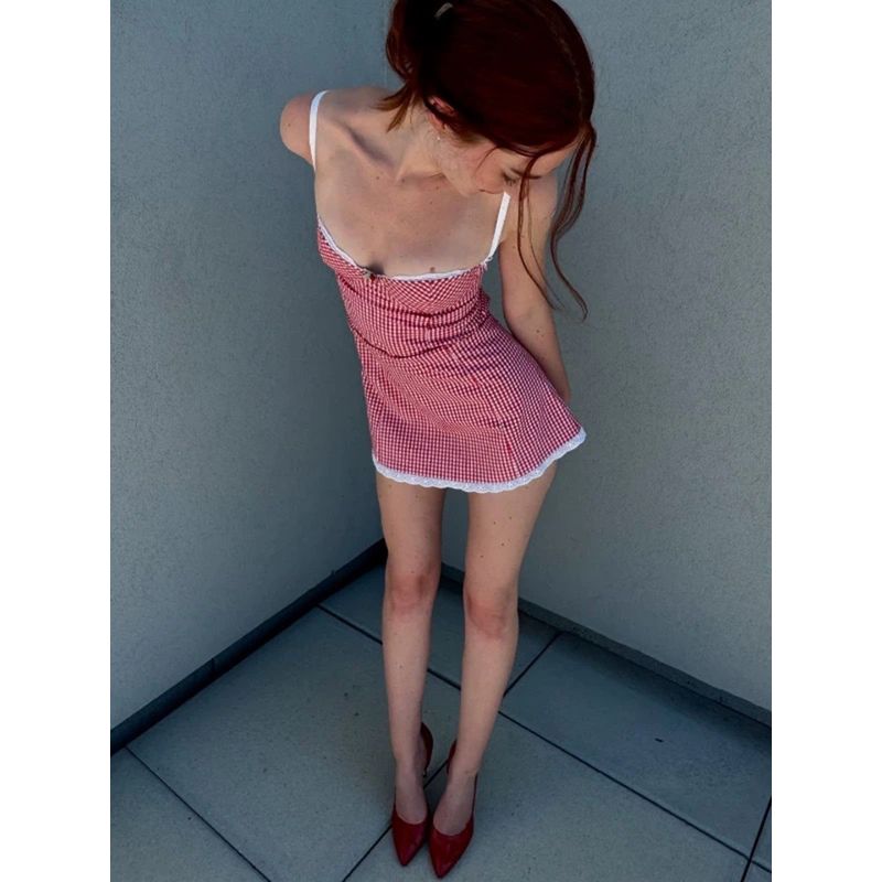 Princess Alice French Hipster Style Plaid Lace Lace Waist-Tight Slim Looking Sexy A- Line Dress Sling Dress