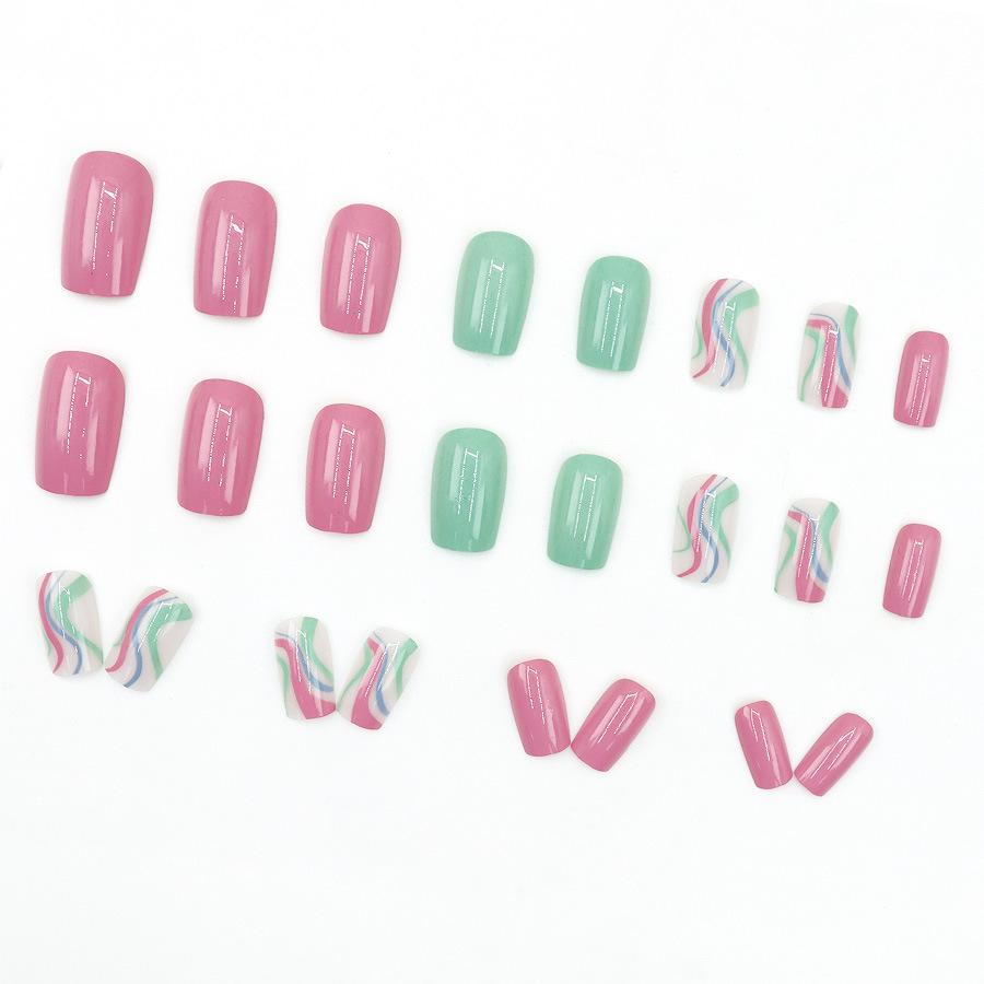 24 Pieces Simple Corrugated Small Fresh Pink Green Mandarin Duck Dopamine Nail Art Tablets Cute Niche Temperament Wearing Nail