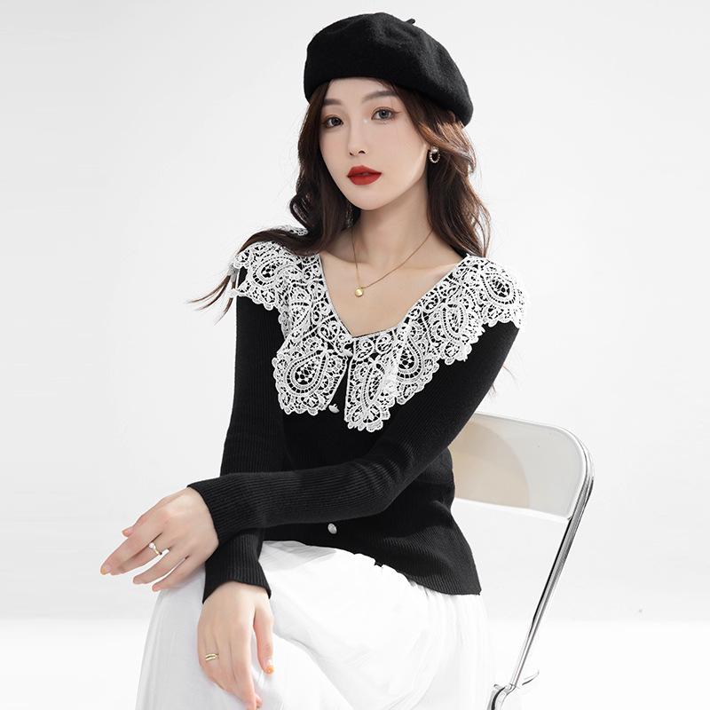 Women's Autumn Winter Knit Sweater Long-sleeved Lace Patchwork Temperament Elegant Comfortable Pullover Top