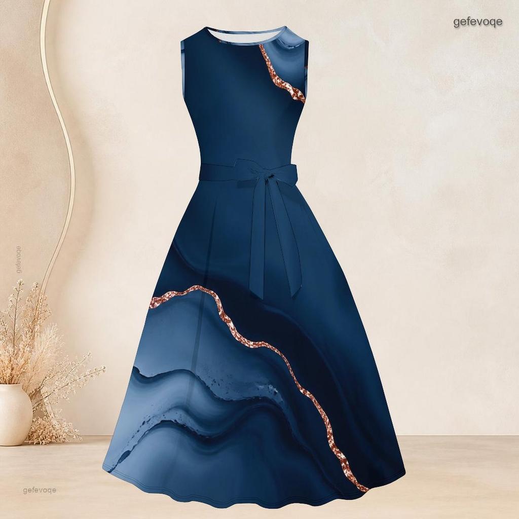 Women Plus Size Blue Marble Printed Two Piece Set Sleeveless Tie Waist Flared Dress Three Quarter Sleeve Cardigan