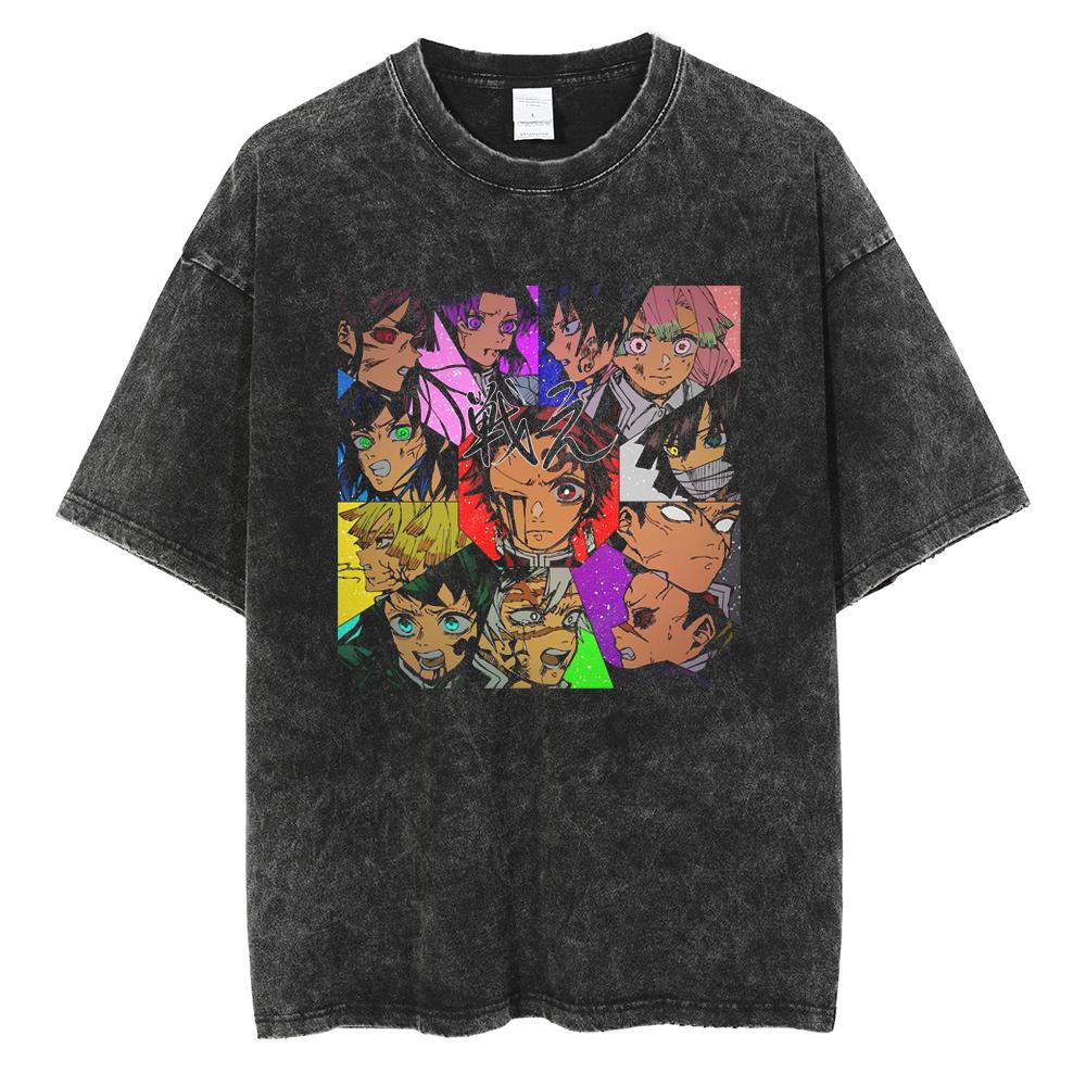 Anime Demon Slayer Nezuko Zenitsu Tanjirou Inosuke Print T-shirt Men Manga Cotton Tshirts Retro Washed T Shirt Harajuku Male Top