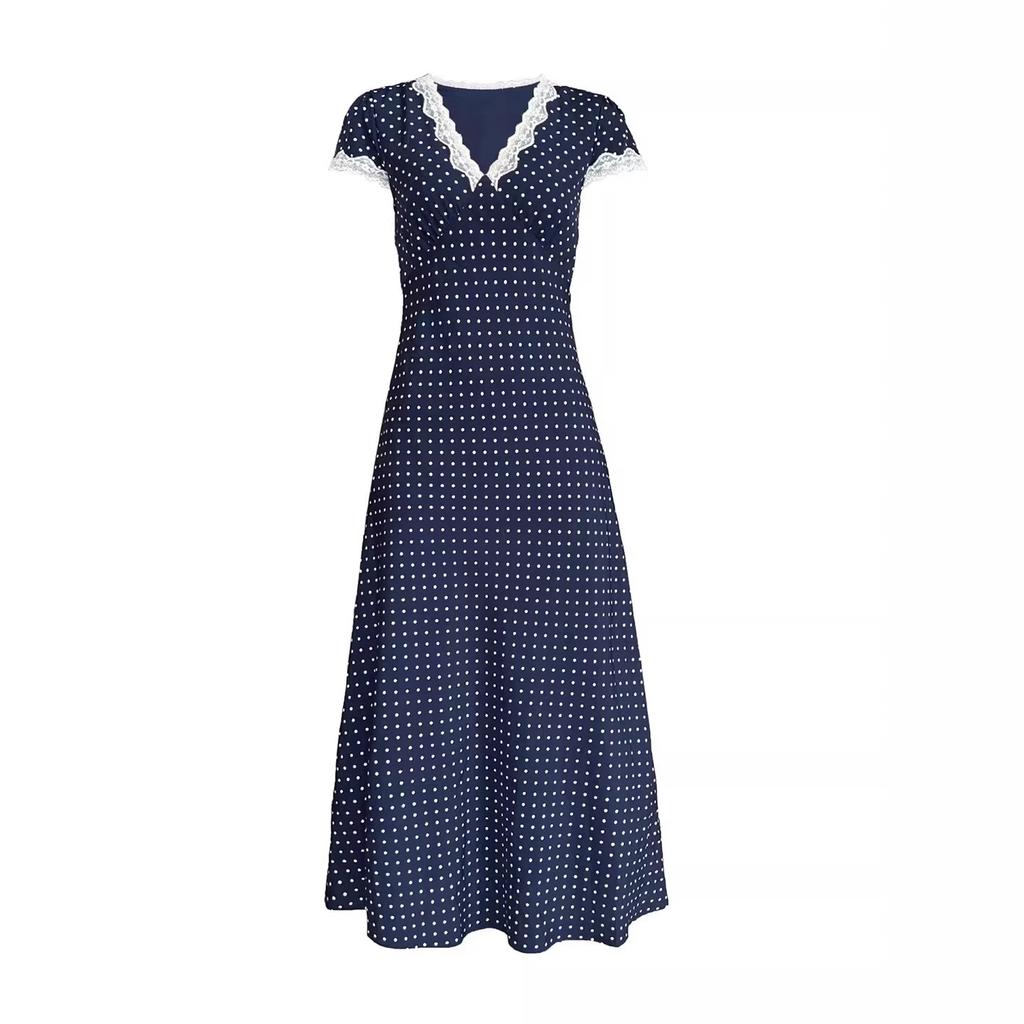 French Retro Popular Polka Dot Dress, New Lace Temperament Summer Dress, Slim and Thin Waist