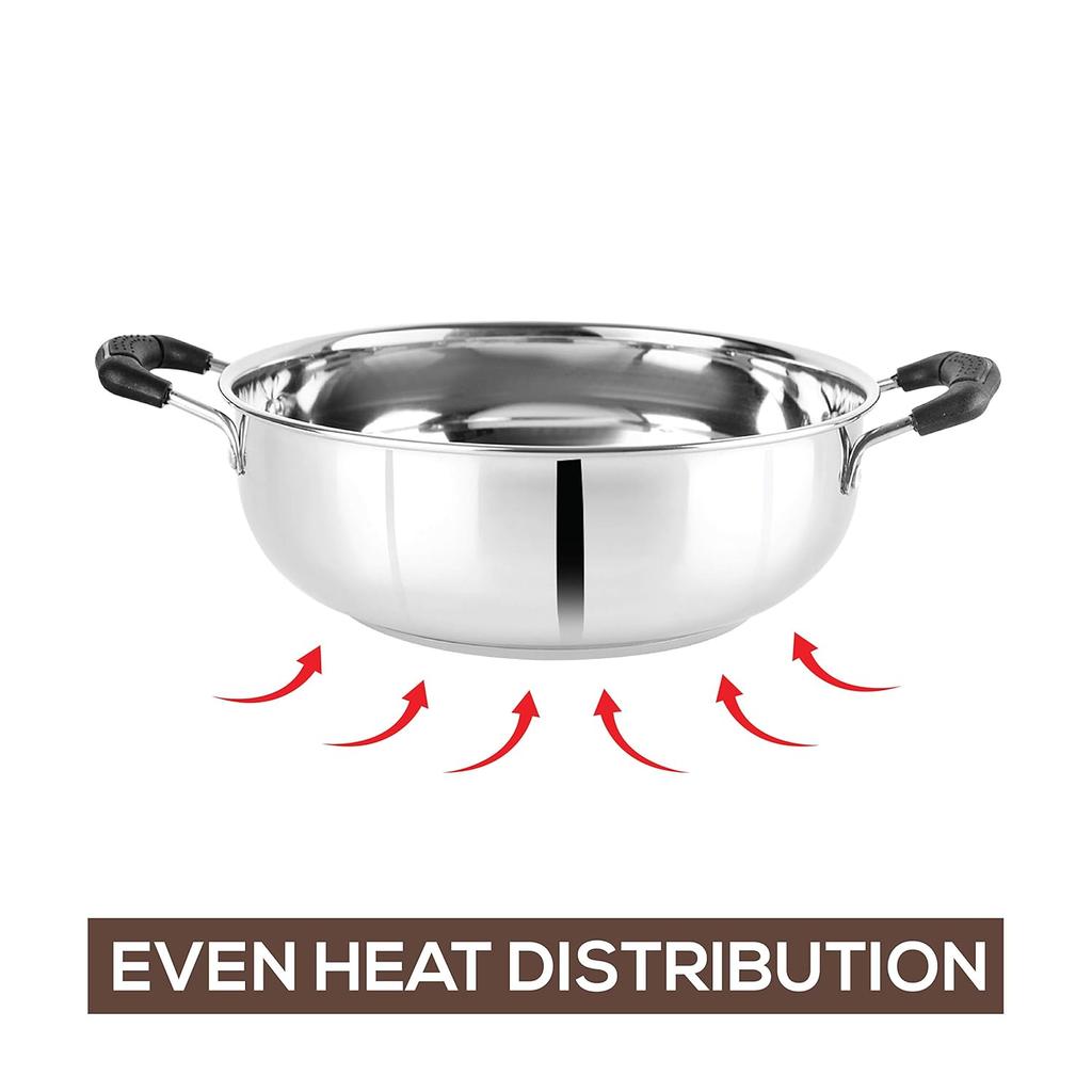 Cello Stainless Steel Induction Kadhai For Gas & Smooth Cooking | 3L Mirror Finish Deep Pan With Dual Handles