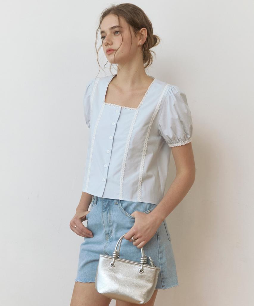 ADAUL Lace Point Puff Square Neck Blouse - Skyblue