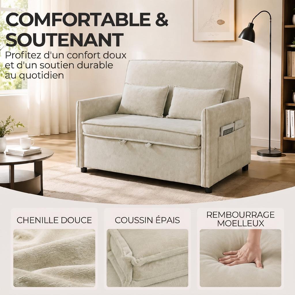 Convertible 2 Seater Sofa 3 In 1 Chenille Sofa Bed 125 Cm With Adjustable Backrest Wide Seat 2 Pillows Cream